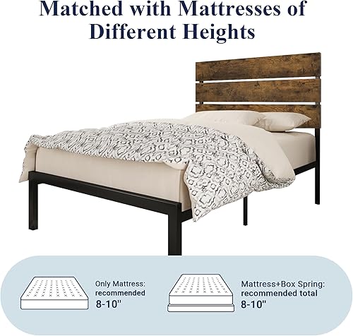 Miniatura 7 de Allewie - Base de cama con cabecera de madera, marco y tiras metálicas, diseño rústico de estilo campestre, estructura de metal fuerte, fácil de