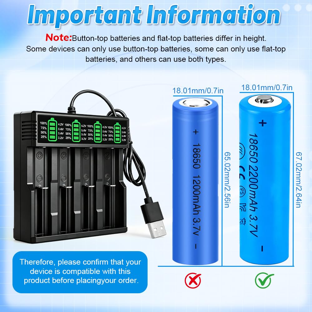 Cargador Pilas Recargables 18650, SGZIOO Cargador Pilas USB C con 4 Piezas 2200 mAh Baterías con Terminal Elevado, para 3.7V Li-Ion Recargable Batería 18650, 21700, 26650, 14500, 18500