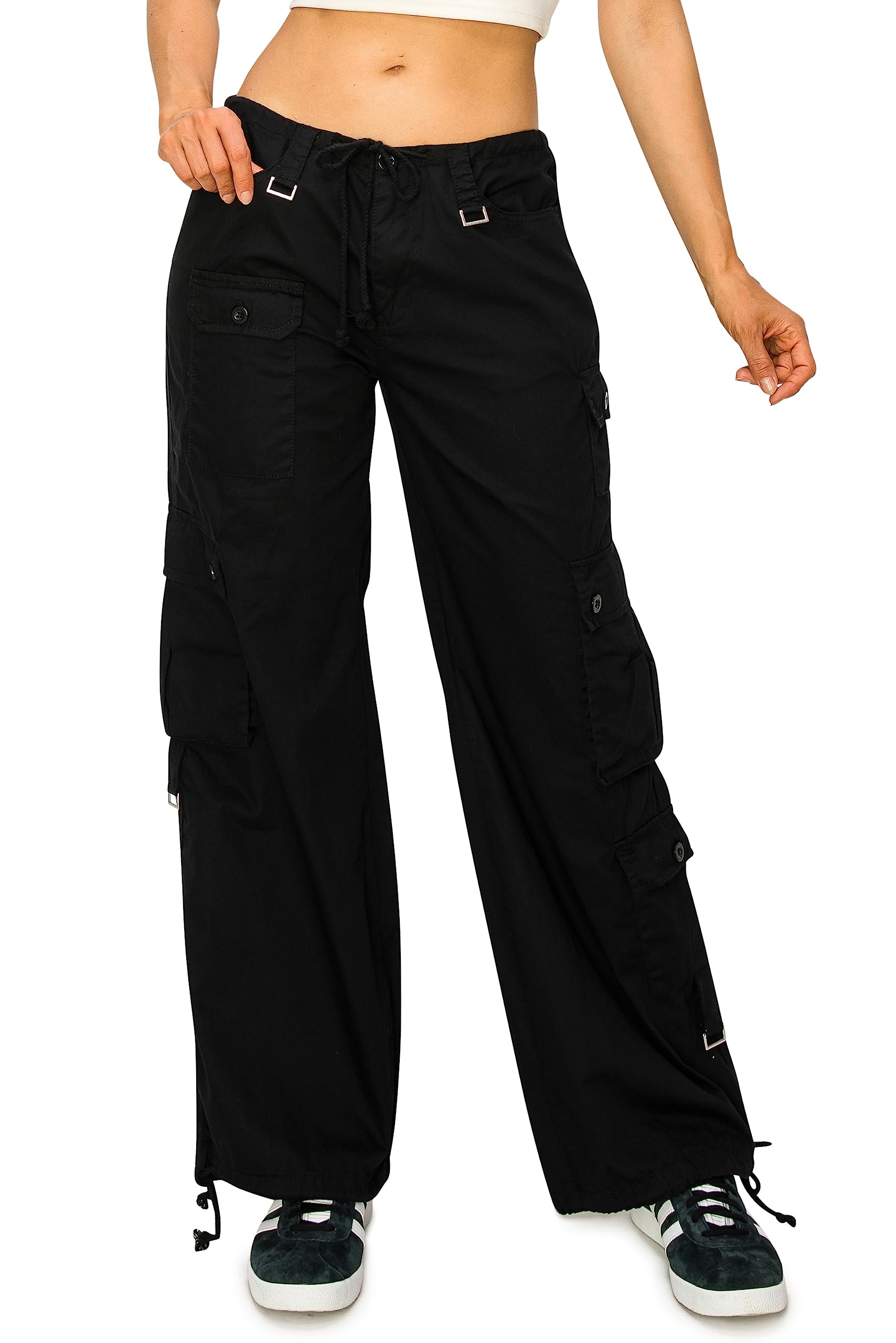 Cali1850 Womens Parachute Cargo Pants Low Rise Baggy Fit Wide Leg Multi Pockets Casual Streetwear Trousers