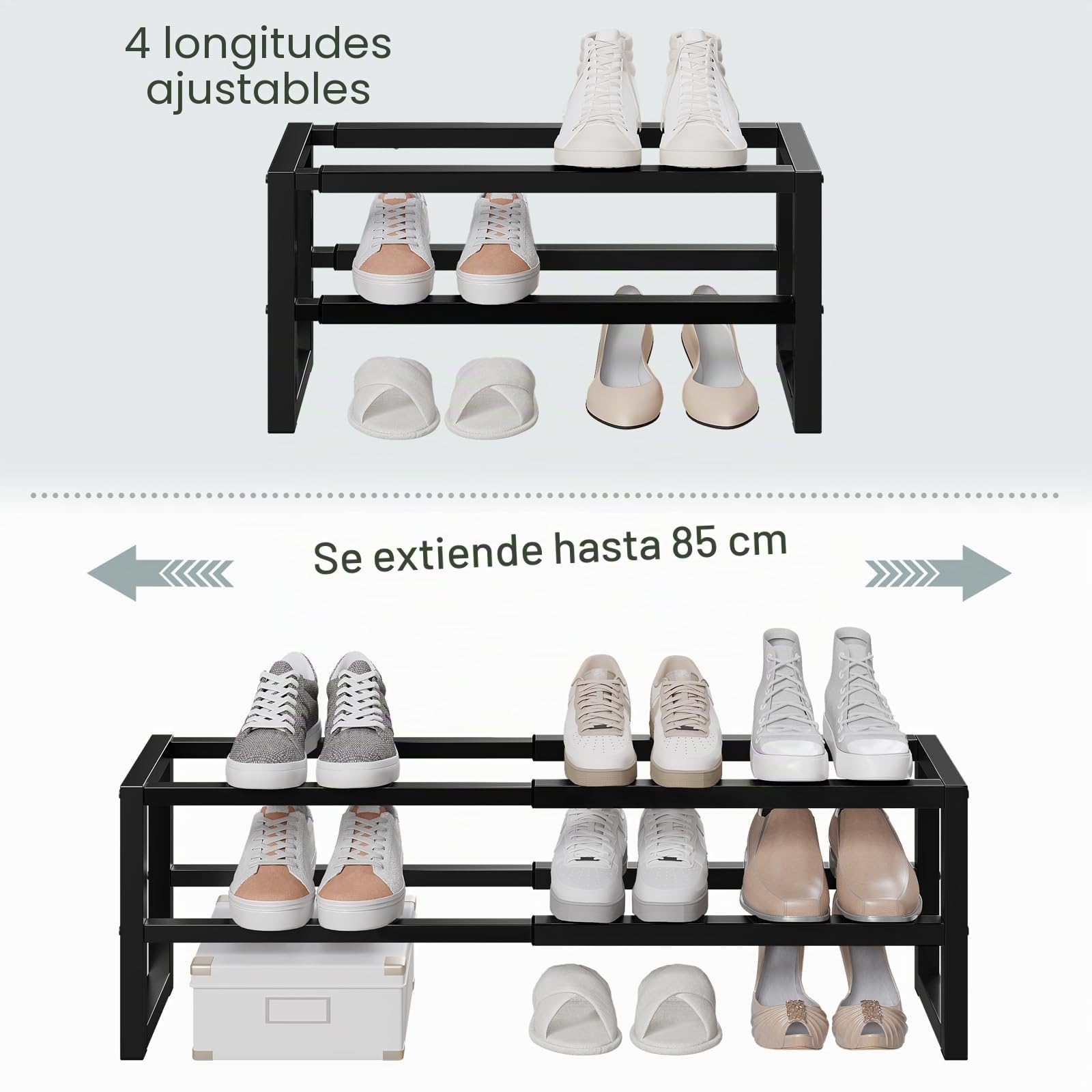WOLTU Zapatero de 2 Niveles, Zapatero Recibidor, Estantería para Zapatos Extensible, Organizador Ajustable para Armario Pasillo Dormitorio Entrada, Capacidad de 8-10 Pares, Negro