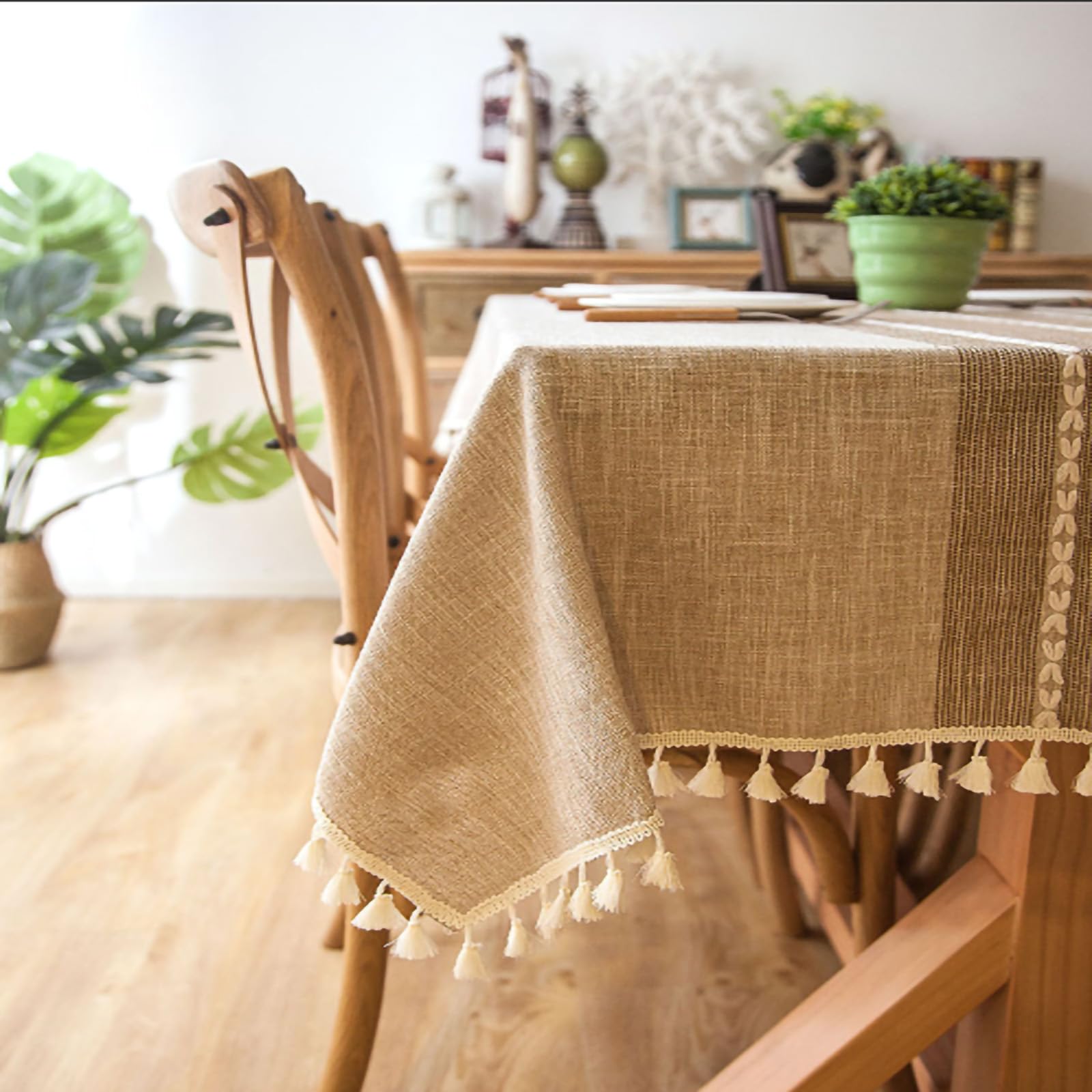 KiPuppi Cotton Linen Table Cloths Rectangle, Wrinkle Free Non-Slip Farmhouse Tassel Dining Table Cover, Soft Fabric Tablecloth for Kitchen Dinning, 140x220cm