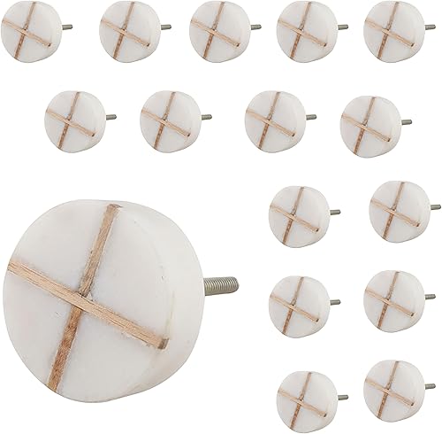 Miniatura 1 de Indian Shelf Paquete de 16 pomos de mármol de lujo redondos finos blancos para gabinetes, pomos decorativos de piedra para cajones y tiradores de