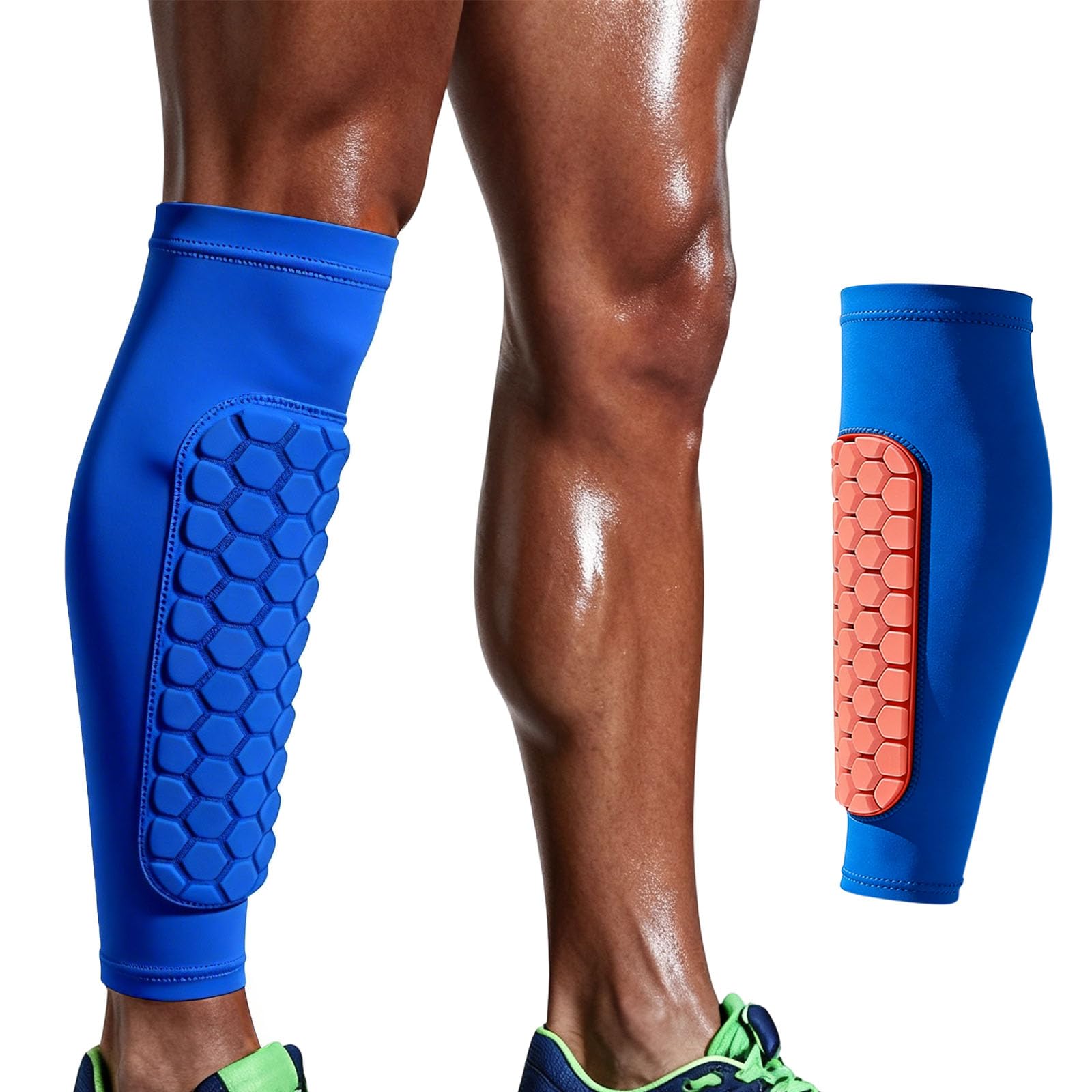 Shin Guards Pads for Men Women Teens, Football Ski Shin Protecter with Breathable Elastic Honeycomb Pads, Thickened Sleeve Ski Shin Guards for Impact Protection and Comfort (Blue, M)