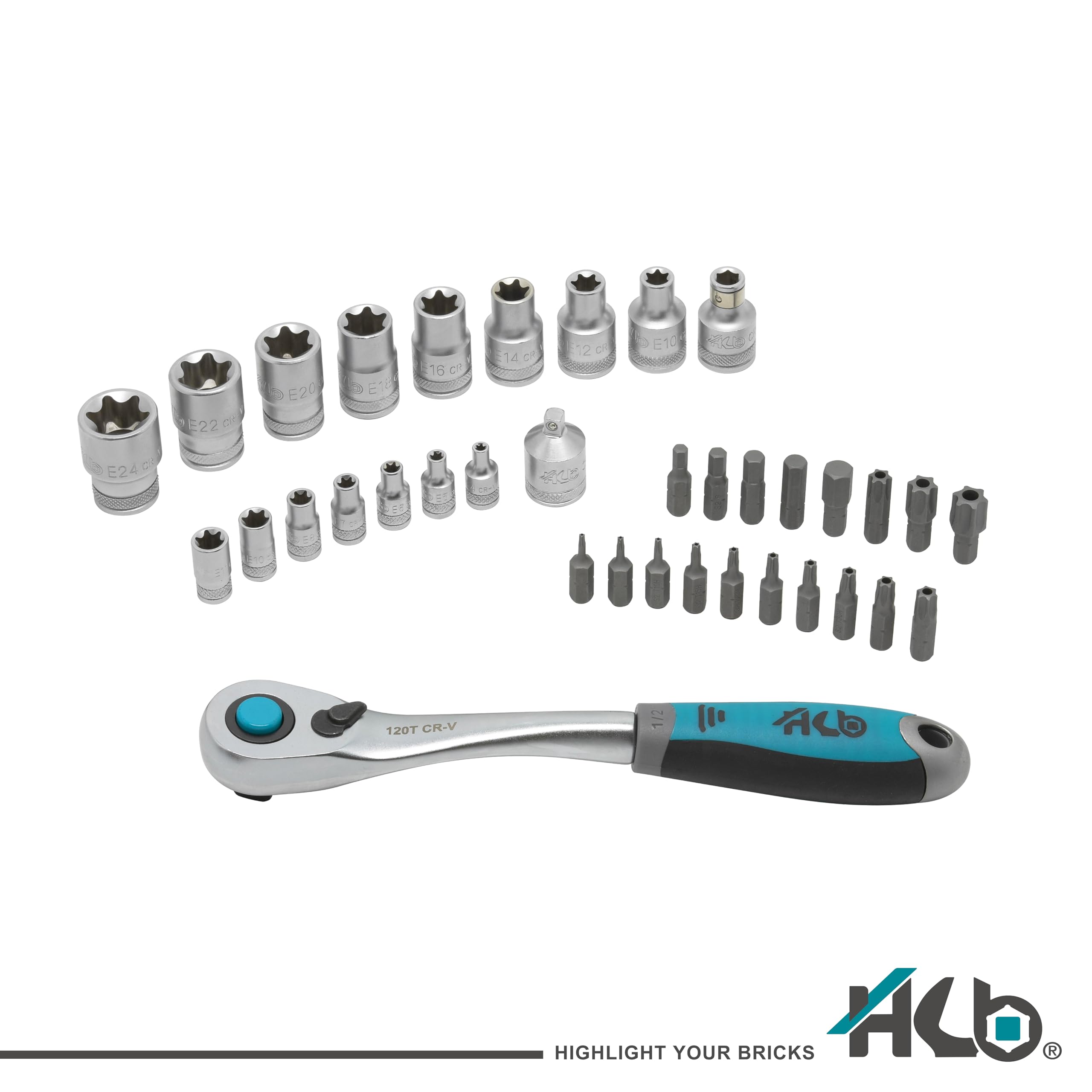 HB AKM016-G Juego Carraca Offset 120 Dientes 36 Piezas 1/2" Llaves E-Torx CR-V & S2 | Set de Vasos Profesionales Mecánico Automoción Taller Bricolaje | Maletín Metálico con EVA – Hecho en Taiwán