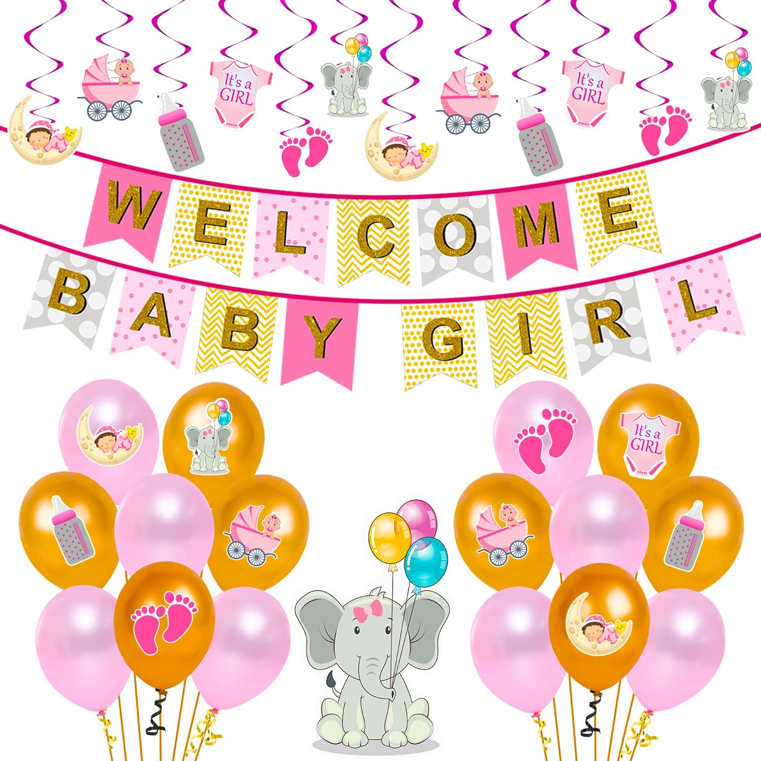 Party Propz Welcome Baby Girl Decoration Kit – 65 Pcs Baby Girl Welcome Home Set with Balloons, Banner & Foil