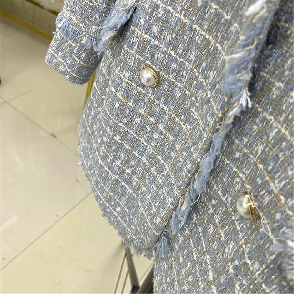 Blue Tweed Blazers for Women Elegant Fringed Pearl Button Suit
