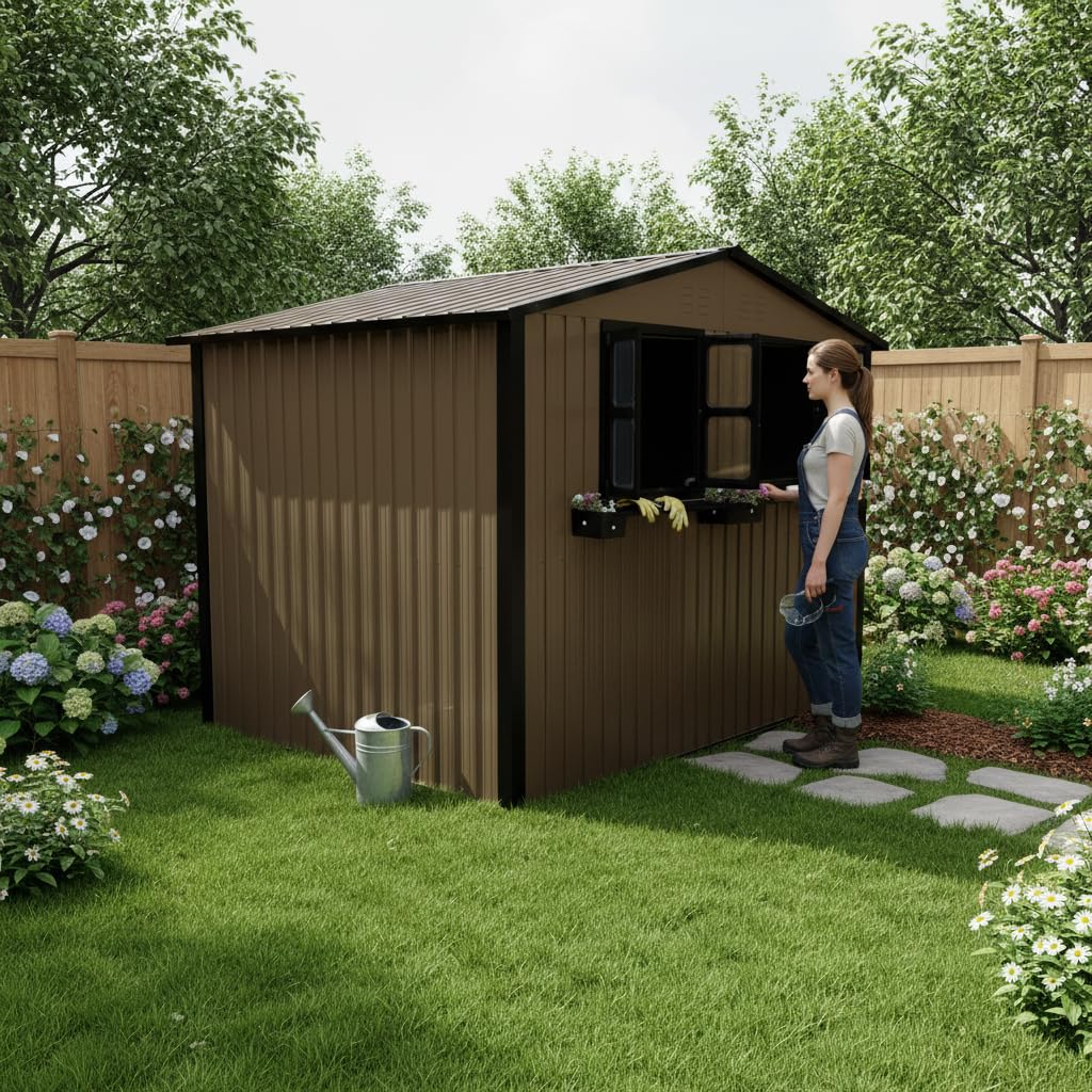 Abri de jardin en métal 4,33 m² marron et noir avec double porte