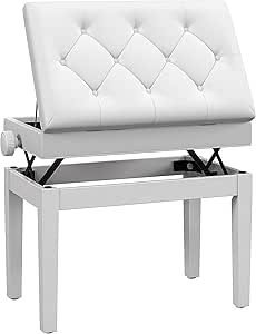 HOMCOM Adjustable Height Piano Bench with Thick and Soft PU Leather Padded, Keyboard Bench with Enough Music Storage Design, Solid Wood Legs, White
