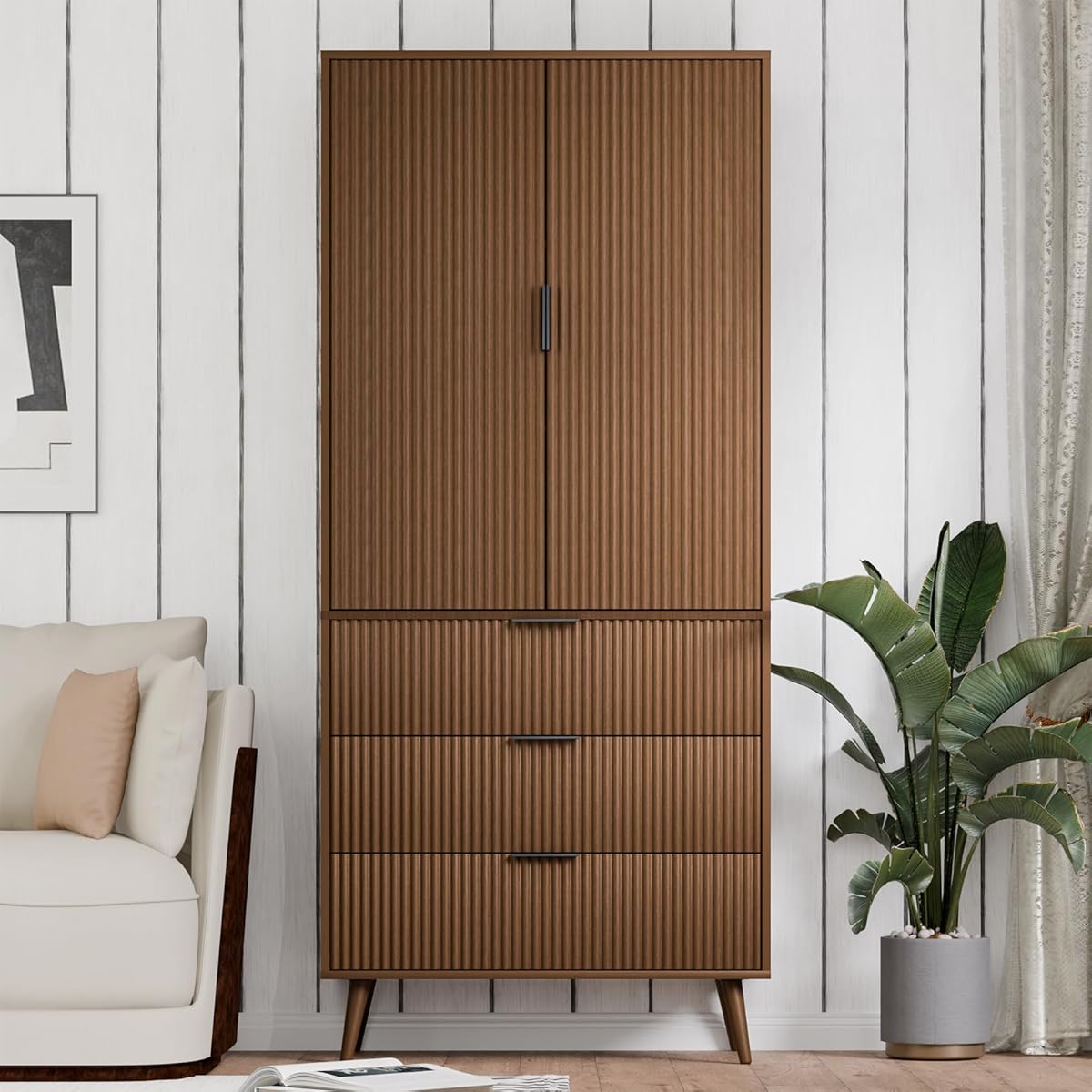 Storage Cabinet, Kitchen Pantry Storage Cabinet with 3 Drawers 2 Doors, Wood Cupboard with Adjustable Shelves & Fluted Panel Design, Tall Home Pantry for Living Room, Kitchen, Walnut