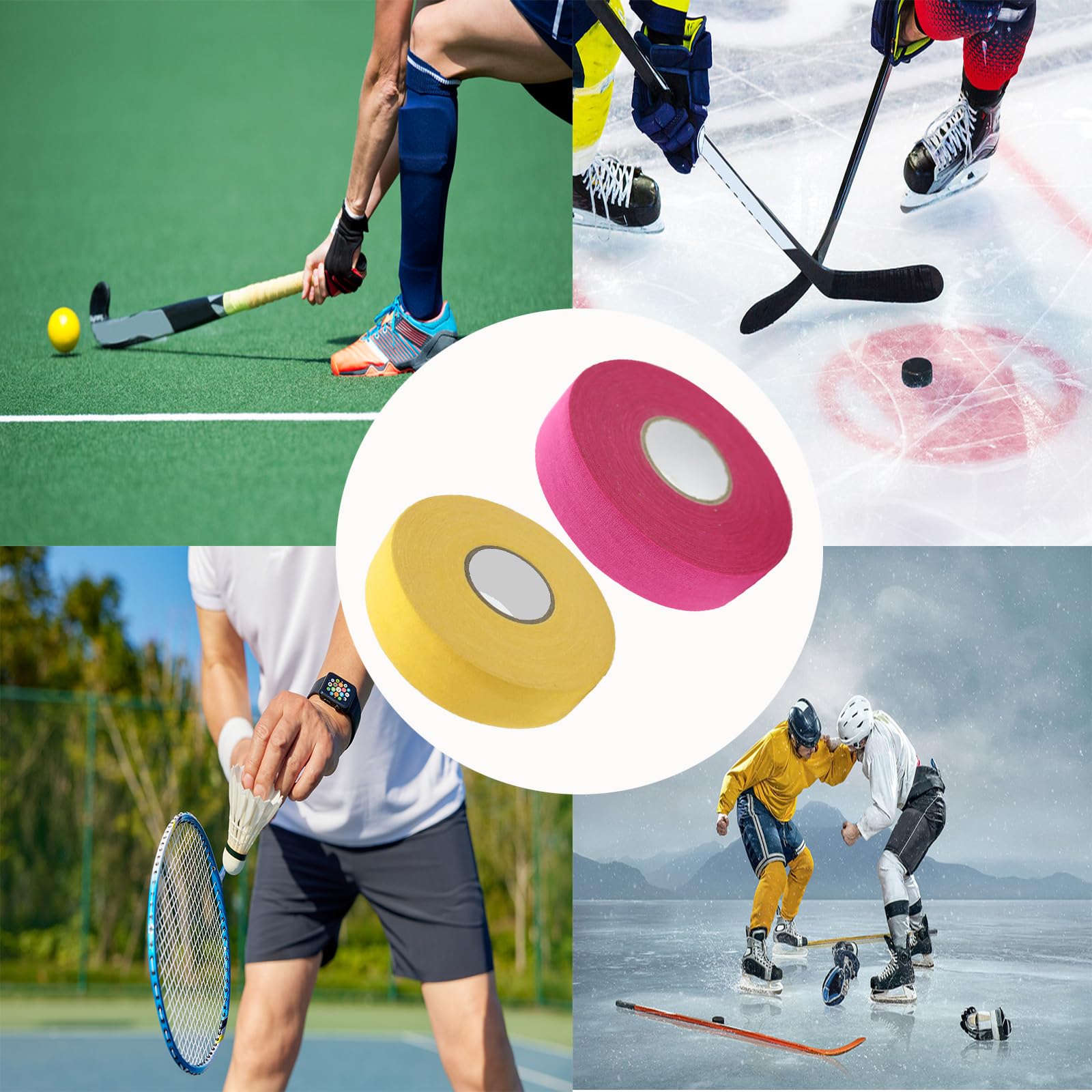 Cinta de Hockey Antideslizante 2 Rollos, Agarre para Palos de Hockey, Tenis, Bádminton, Golf - Rosa Roja y Amarillo