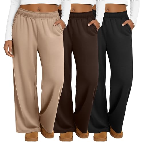 Oakgarden 3 Pack Women's Plus Size Sweatpants Casual Wide Leg Interior Drawstring High Waist Yoga Baggy Pants with Pockets