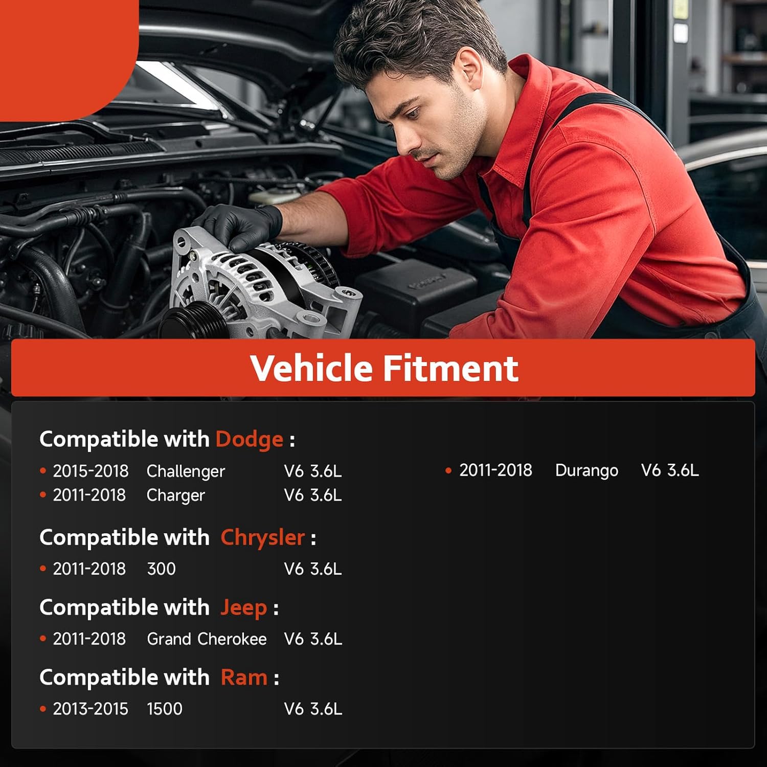 Alternator Replacement New 11598N for Chrysler 300 11-18, for Dodge Challenger 15-18, for Dodge Charger Durango 3.6L 11-18,for Jeep Grand Cherokee 3.6L 11-18, for Ram 1500 3.6L 13-15, 11598 4801778