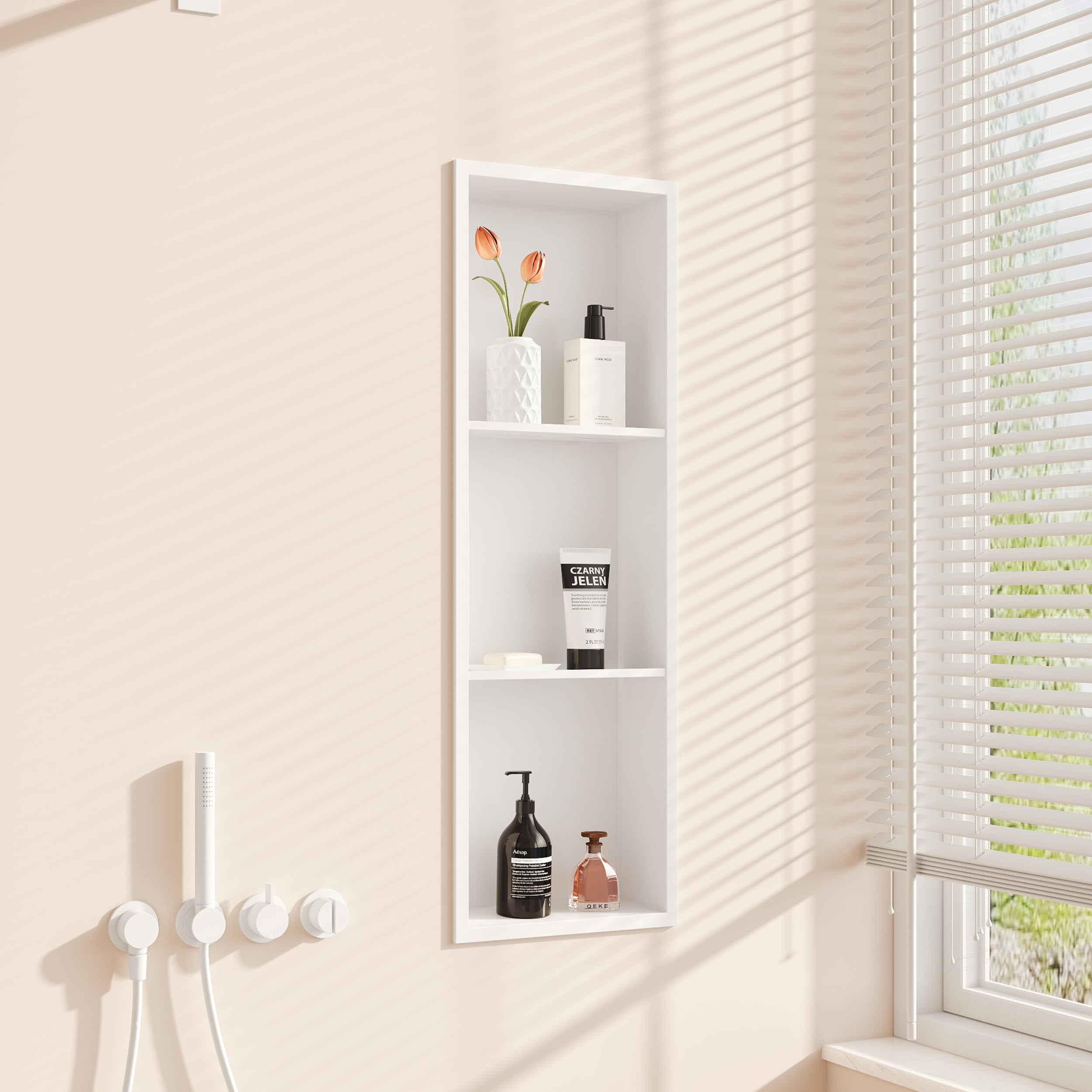 Qeke Shower Niche, Rust Resistant Recessed Shelf, 3 Tiers, 90 cm, White