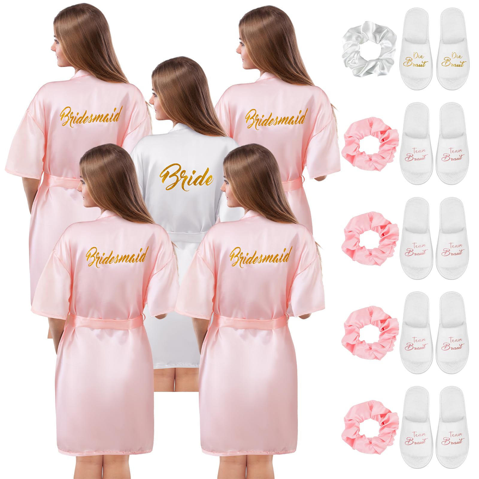 Hestya Peignoir de Mariage pour Femmes Peignoir en Satin pour Mariée et Demoiselles d'Honneur avec Pantoufles et Élastique à Cheveux EVJF Décoration pour Fiançailles Mariage