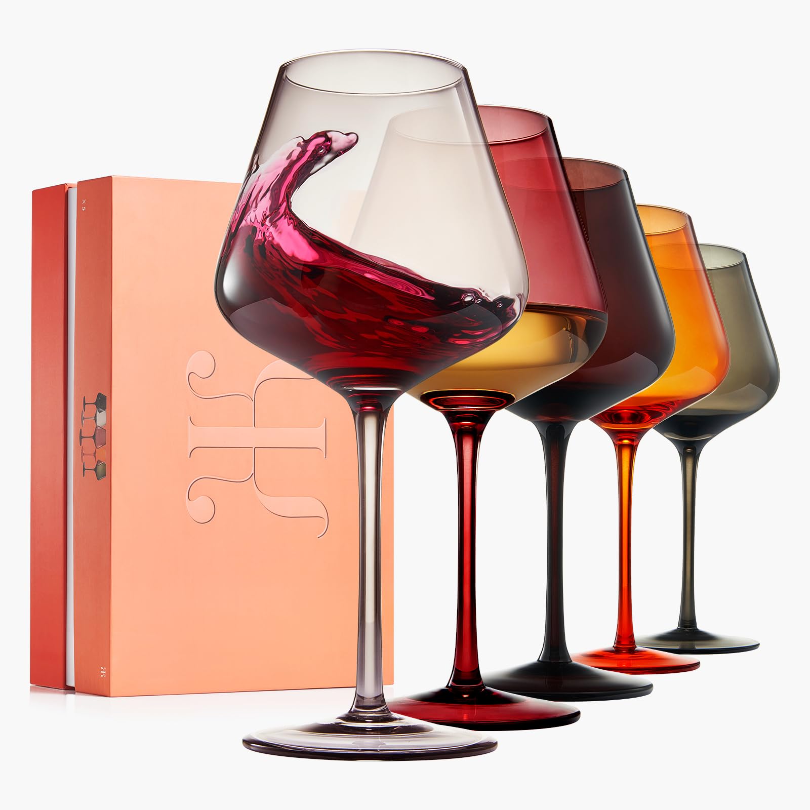 Khen Juego de 5 copas de vino de cristal de colores, vasos grandes de 20 onzas, flor de verano, estilo italiano brillante, vasos de tallo alto para vino tinto y blanco, copas de cena de agua,