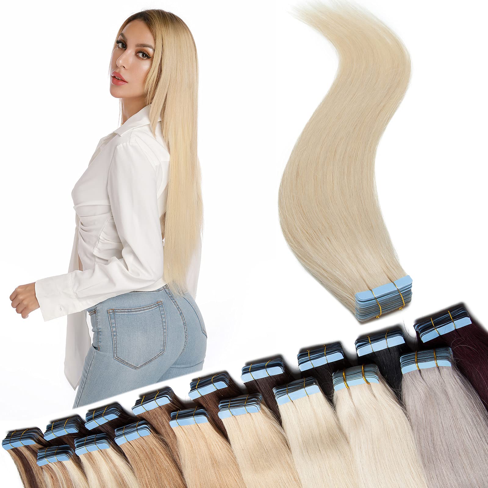 SEGO Extension Adhesive Cheveux Naturel Blonde - Bande Adhesive Extension Cheveux Adhesifs - Extension Cheveux Humain Adhesive - 40cm (40Pcs) 60#Blond Platine 100g (2.5g/Pièces)