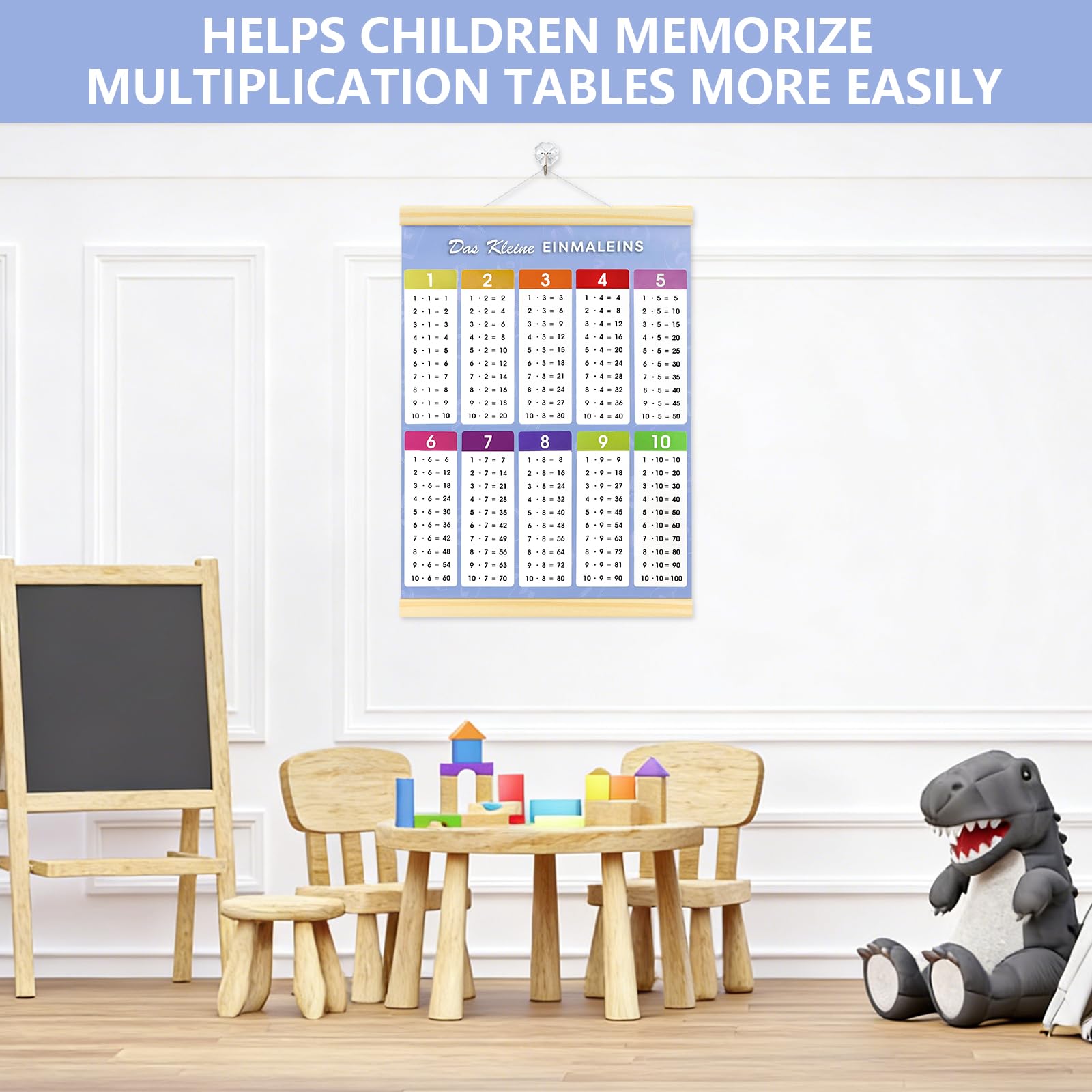 Affiche Éducative Table de Multiplication 1x1 jusqu'à 100 44x30 cm Imperméable avec Bagettes Bois