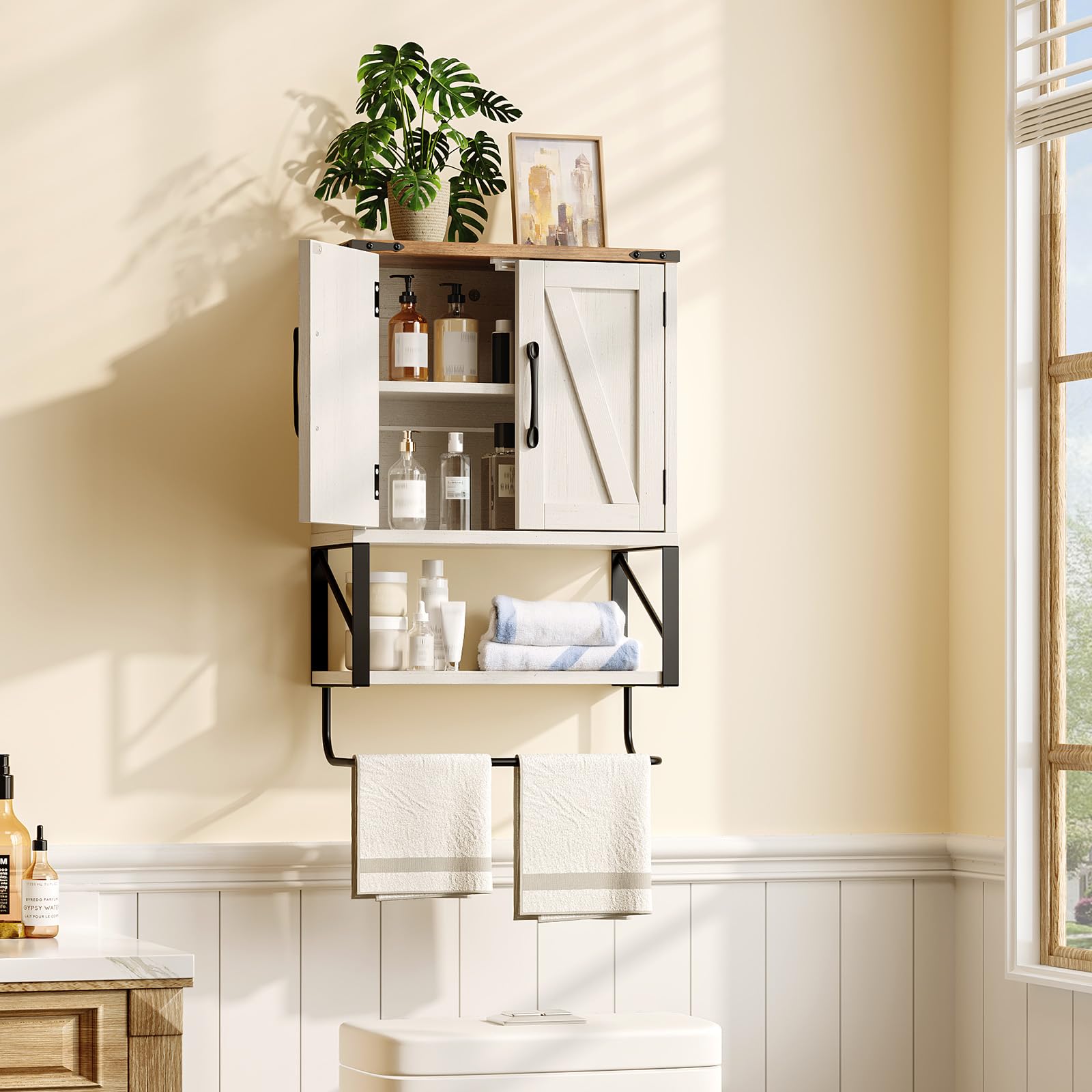 Bonnlo Armoire Mural, Meuble de Rangement Salle de Bain, Meuble WC Suspendu, avec étagère réglable, Double Porte et étagère Ouverte, 58 x 39 x 18 cm, Blanc