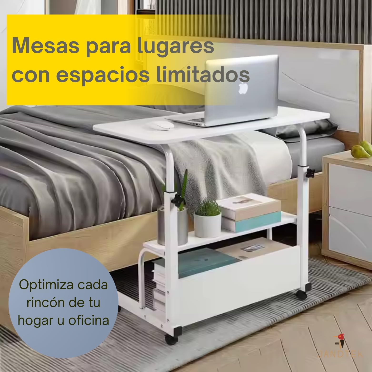 Mesa Portátil para Ordenador con Ruedas – Escritorio Auxiliar Regulable en Altura para Sofá o Cama – Mesa Pequeña con Estante Inferior para Teletrabajo y Espacios Reducidos (Blanco 60 x 40)
