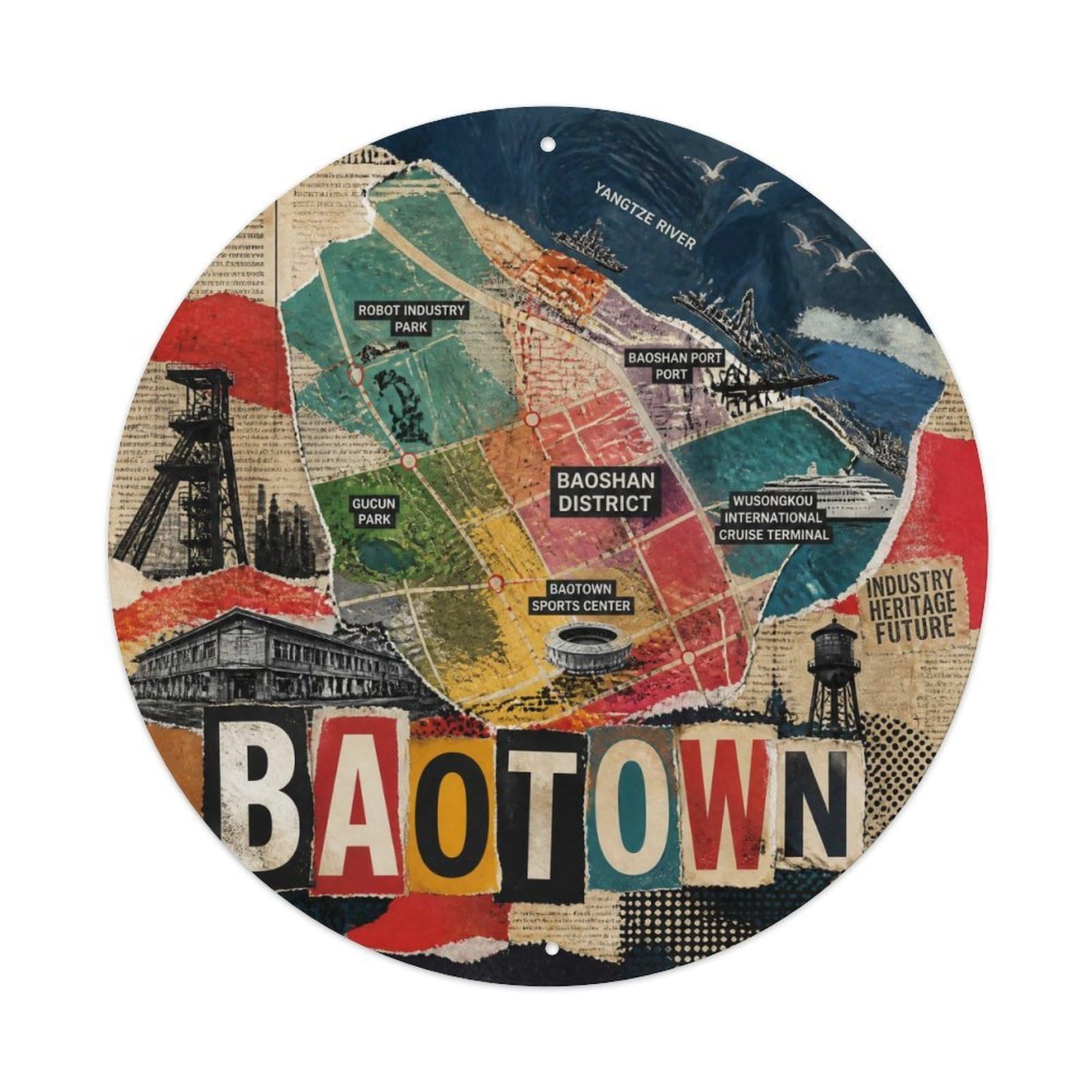 Okngb Style Bao Town Shanghai River Route District Travel Emblem Metal Tin Sign Plaque Wall Decor For Cafe, Man Cave, Club Bar, Office, Home Garden Round Metal Poster 8X8inch