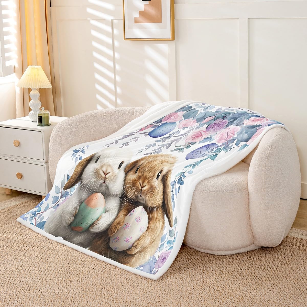 Homewish Uroczy królik narzuta koc Happy Easter Queen 228 cm x 228 cm polarowy koc dla dzieci chłopców dziewcząt łóżko, akwarela jajko róża szerpa koc wiejski zwierzęta rośliny kwiatowy pluszowy koc