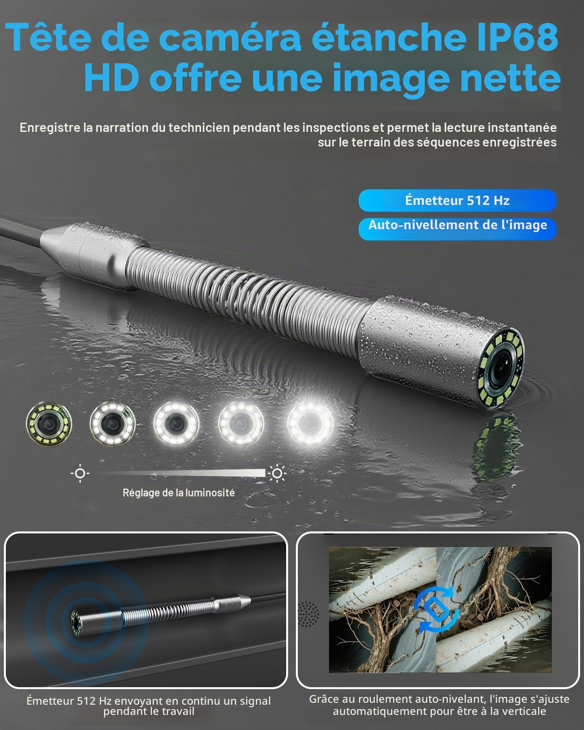 Caméra d'égout HD, Camera d'inspection Canalisation 50M, Camera d'inspection de Tuyau avec Compteur de Mètre, Autonivelant, Émetteur 512Hz et Clavier, Endoscope de Drainage avec Poignée Rétractable