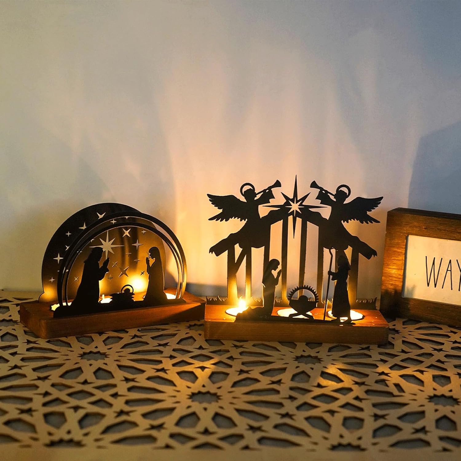Candleabra Black Metal Tealight Candle Holder Nativity Set with Wood Base, Christmas Iron Silhouette Candle Holder, Nativity Scene Nativity Sets for Christmas Indoor Mantle Decor