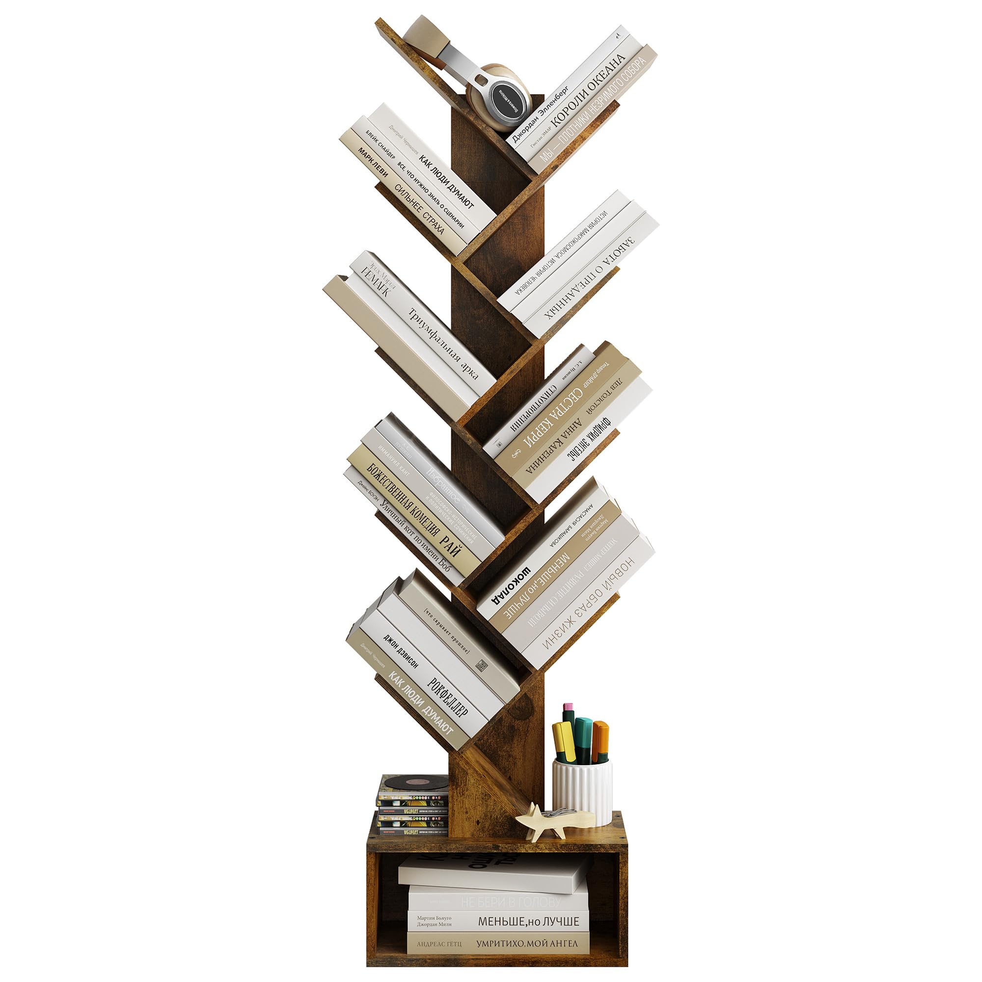 Tajsoon 9 Tier Tree Bookshelf with Drawer Bookcase, Floor Standing Book Storage Rack, Tall Bookshelf for CDs/Books/Movies, Bookshelf Organizer for Bedroom, Living Room, Home Office, Rustic Brown