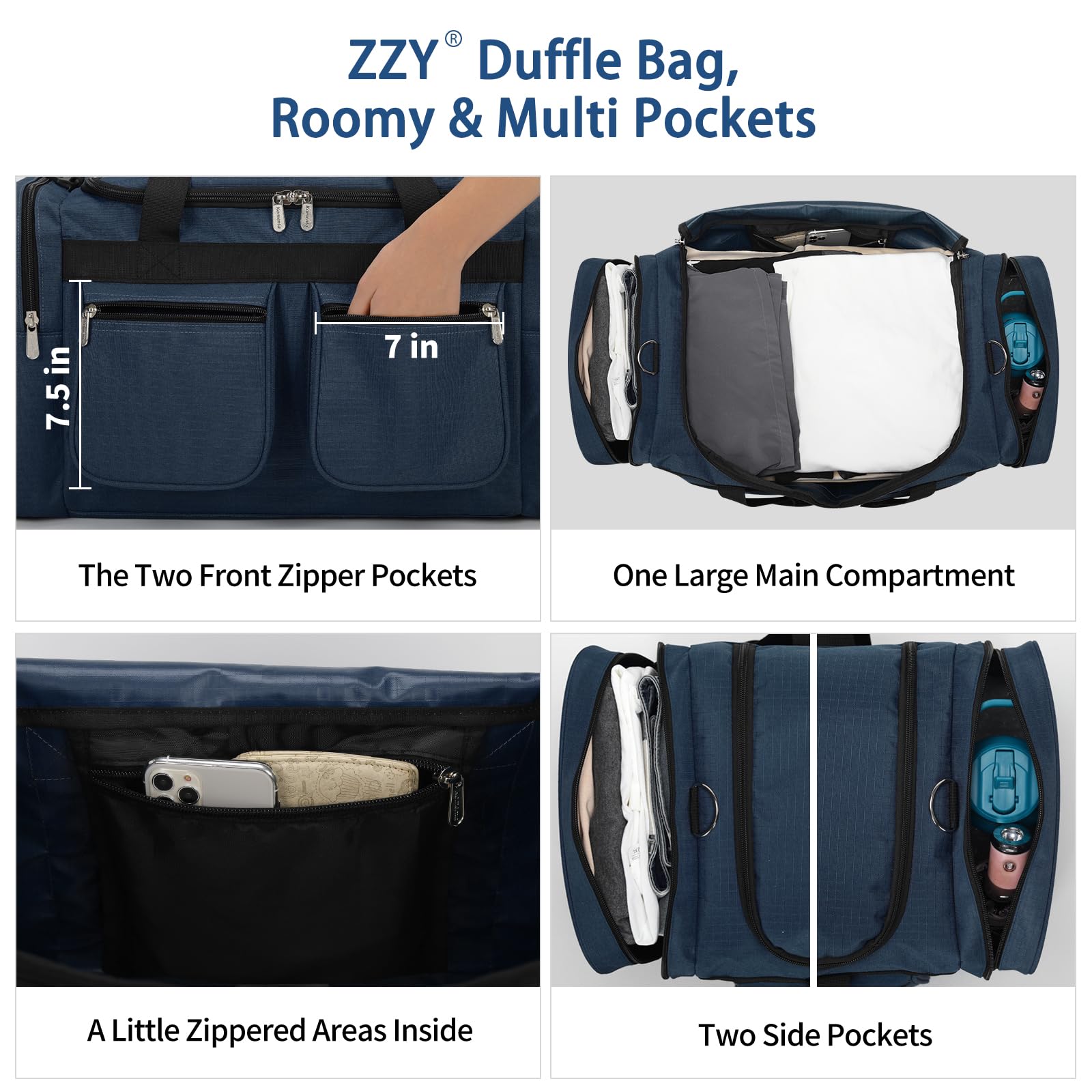 ZZY Sac de Sport 55L Grand pour Homme – Sac de Week-End Imperméable avec 2 Poches Latérales pour Fitness, Salle de Sport, Sauna, Voyages & Nuitées (Bleu Marine)