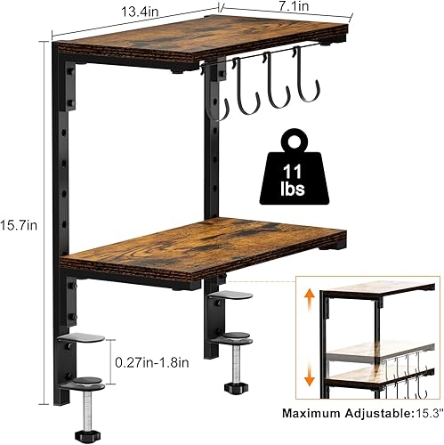Miniatura 3 de Estante organizador de escritorio con abrazadera, altura ajustable de 13 pulgadas y gancho versátil, estantería de 2 niveles sobre o debajo del