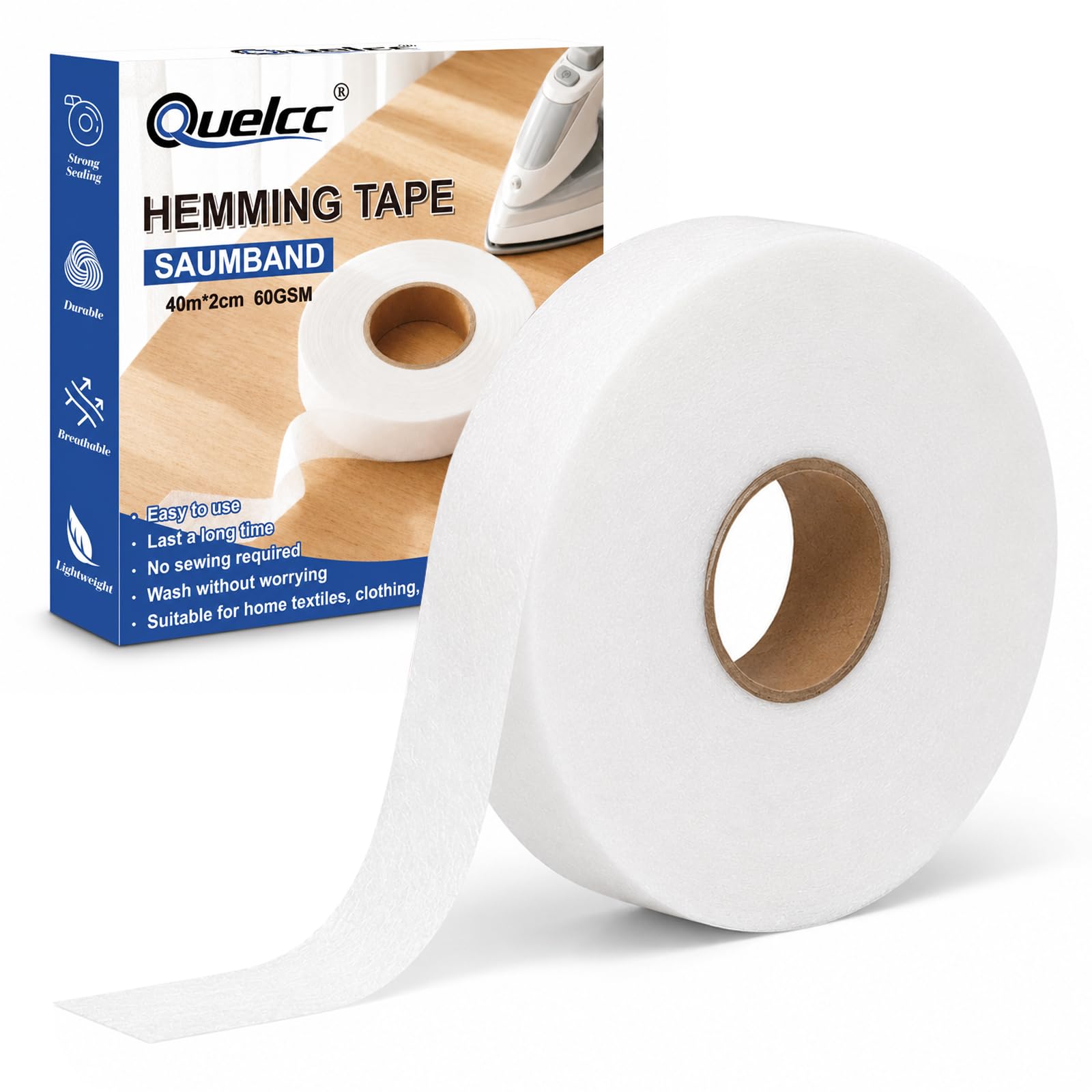 Quelcc Hemming Tape 40 Metres 60GSM No Sew Iron on Hem Tape Wonder White Web Fabric Adhesive Tape Extra Strong Fusible Bonding Web for Clothes Curtains DIY Crafts Easy Quick Fix