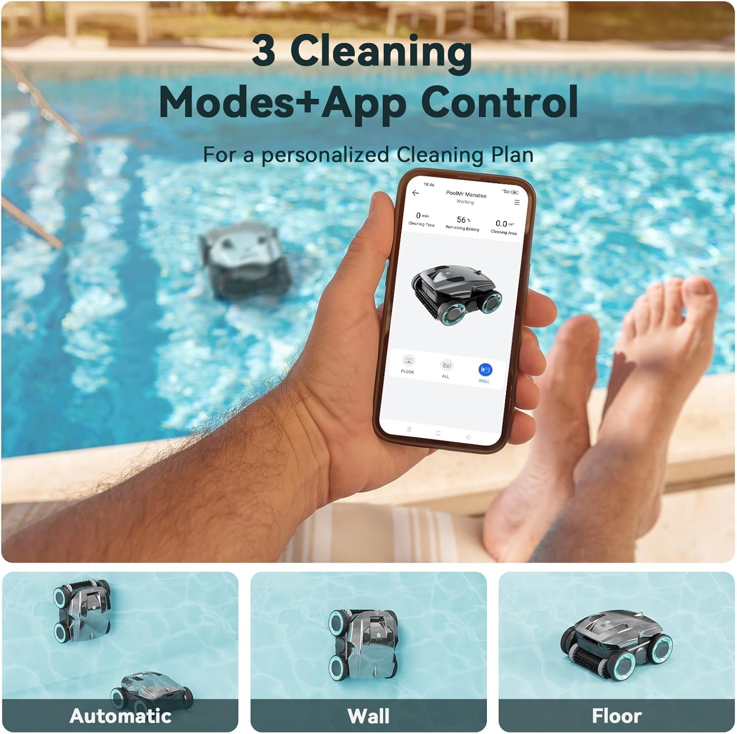 PoolMr Cordless Robotic Pool Cleaner-Pool Vacuum for In ground Pools with Wall Climbing-120 Mins Running Time, Smart Navigation, 20Gal/Mins Poweful Suction, for Most Pools up to 1,500 Sq.ft, Cyan