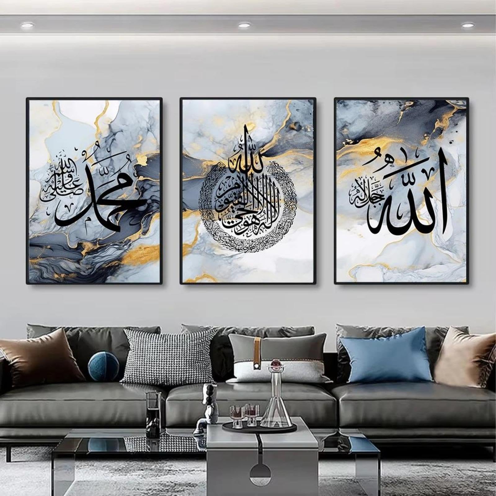 Baibexing Islamic Calligraphy Canvas Print Painting Ayat Al Kursi Quran Blue Gold Marble Posters Prints Arabic Wall Art Picture Home Decor 50X70Cmx3Pcs Unframed