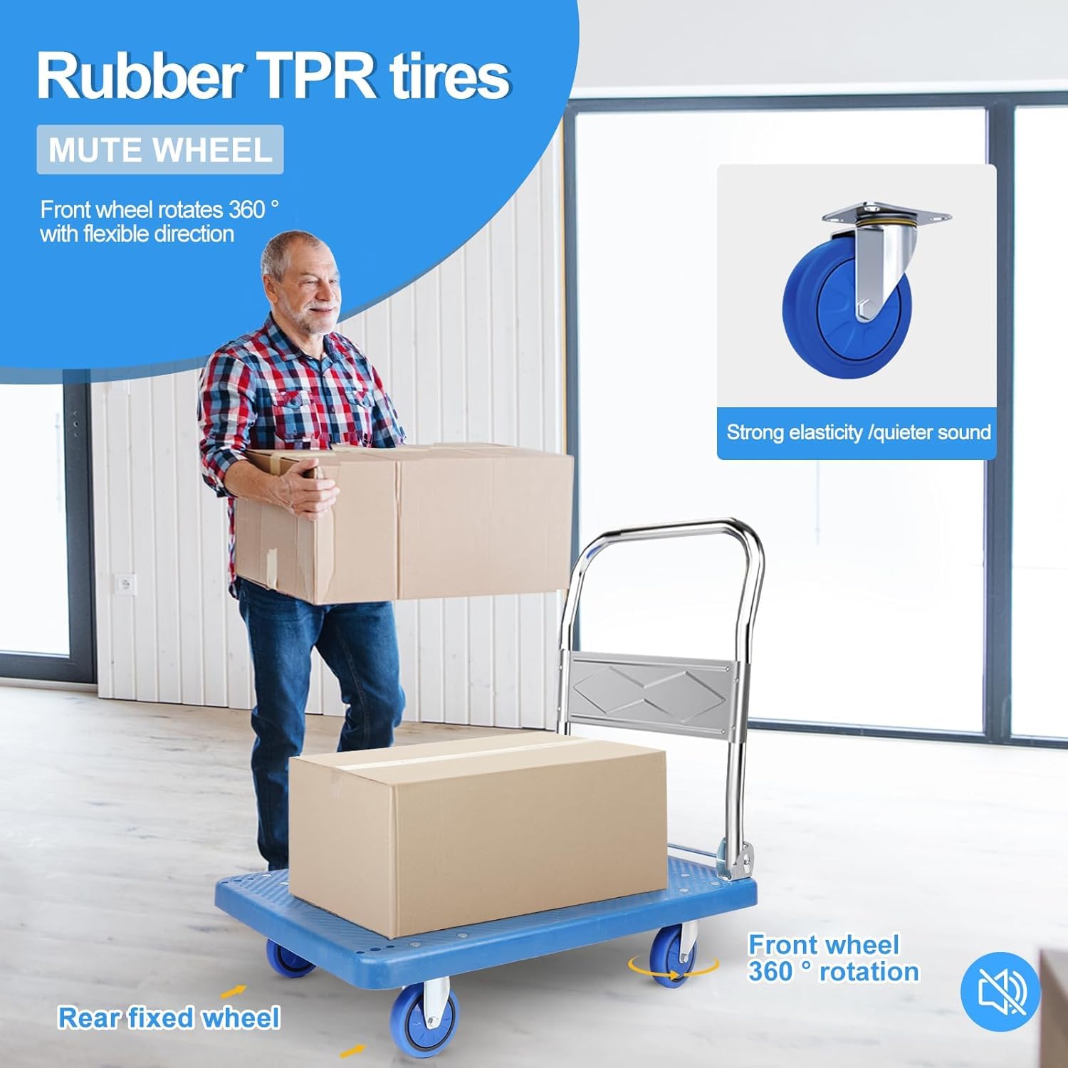 Wedyvko Plattformwagen Transportwagen klappbar Schwerlast 200KG Einhändig Falten Transporthilfe mit Rollen mit Mute Wheels Plattform (Blau)