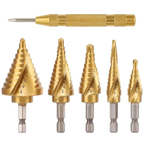 Miniatura 2 de COMOWARE Juego de 5 brocas escalonadas de titanio HSS con vástago hexagonal de 14 pulgadas, punzón central automático, diseño de impacto de dos