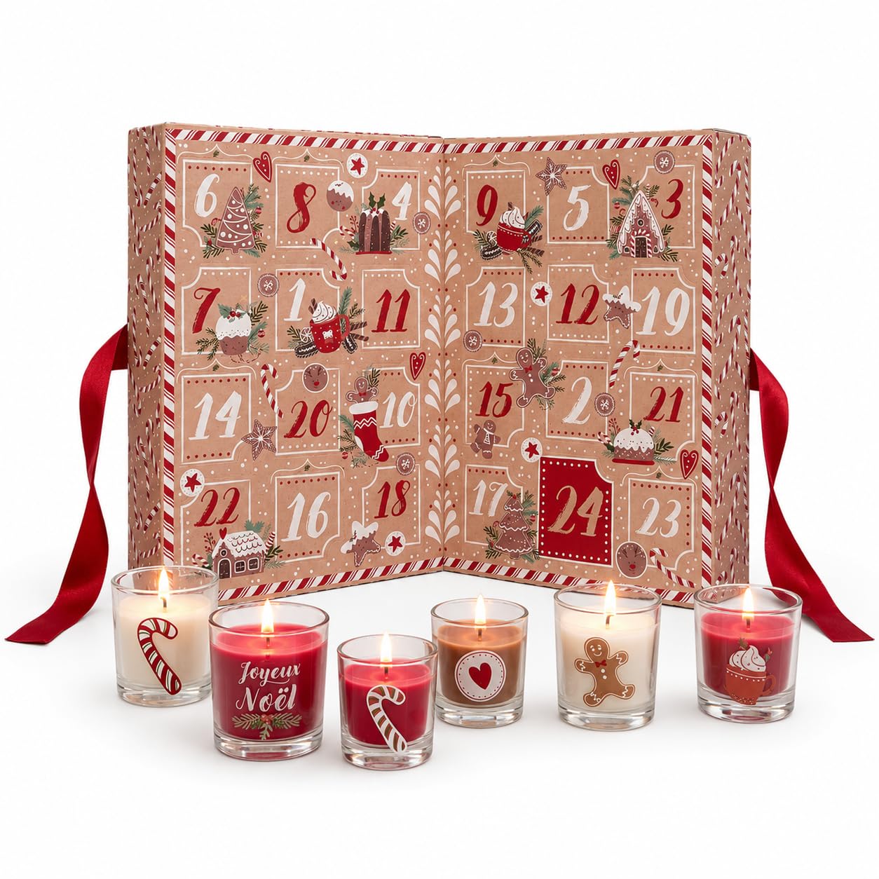 Luxuriöser Adventskalender mit 24 Duftkerzen – Aufklappbarer Weihnachts-Adventskalender für Erwachsene – Adventskalender mit Kerzen – Rot