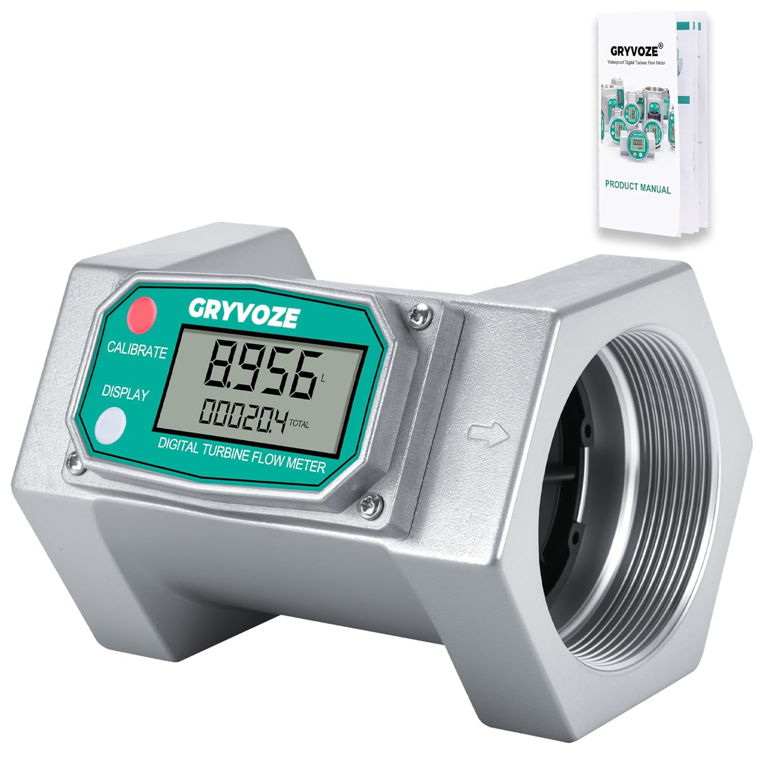 2.5 Inch Digital Flow Meter, 21-264 GPM Inline 2-1/2" NPT Thread Turbine Flowmeter with LCD Display for Water, Diesel, Gasoline, and Other Liquids (5 Units: Gallon, QTS, PTS, L, m³)