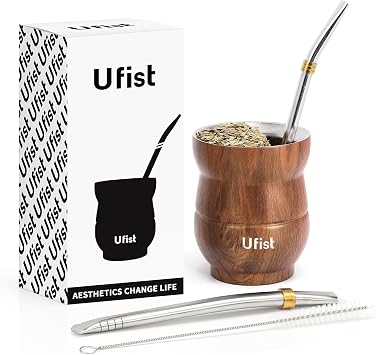Yerba Mate Cup Set, 4.8oz Double-Wall Stainless Steel, with 2 Bombillas and Cleaning Brush Wood Grain