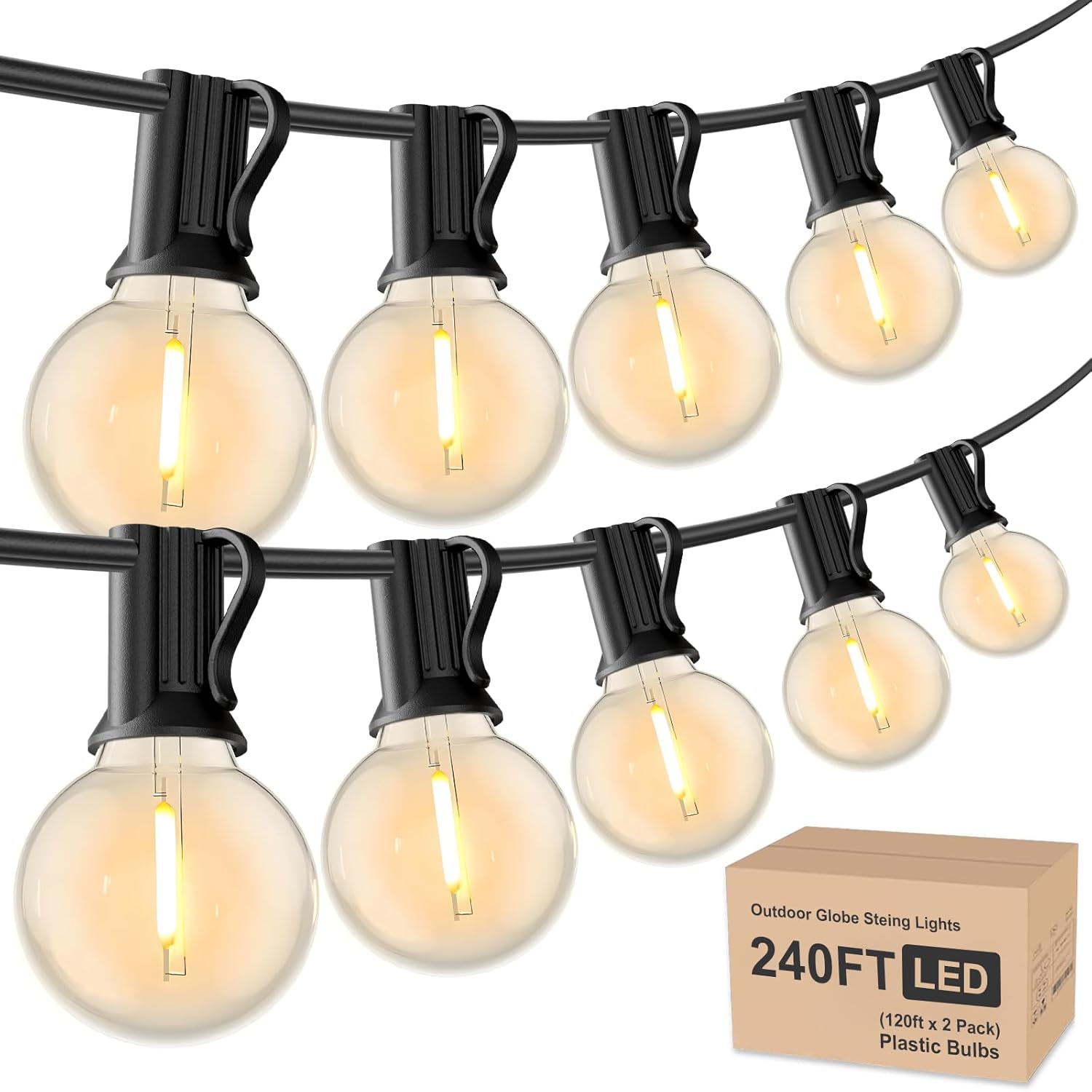 rtty outdoor string lights 240 ft, 2 pack 120 ft g40 led patio lights with 62pcs bulbs,shatterproof waterproof connectable hanging for porch cafe bistro backyard gazebo balcony deck party 240ft