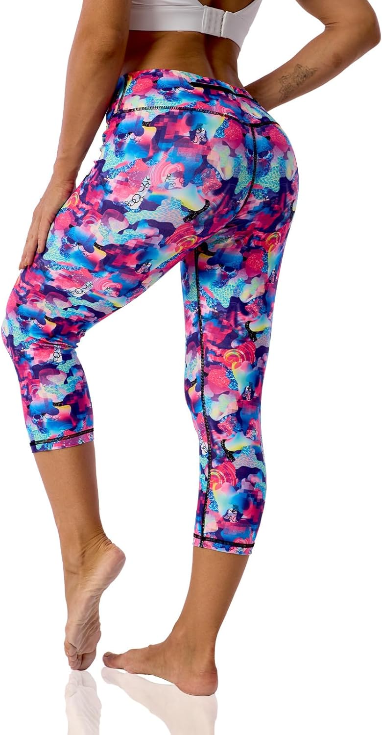 UIUO-UIPEU Pattern Printed Capri Leggings with Pockets for Women Tummy Control Workout Yoga Capris