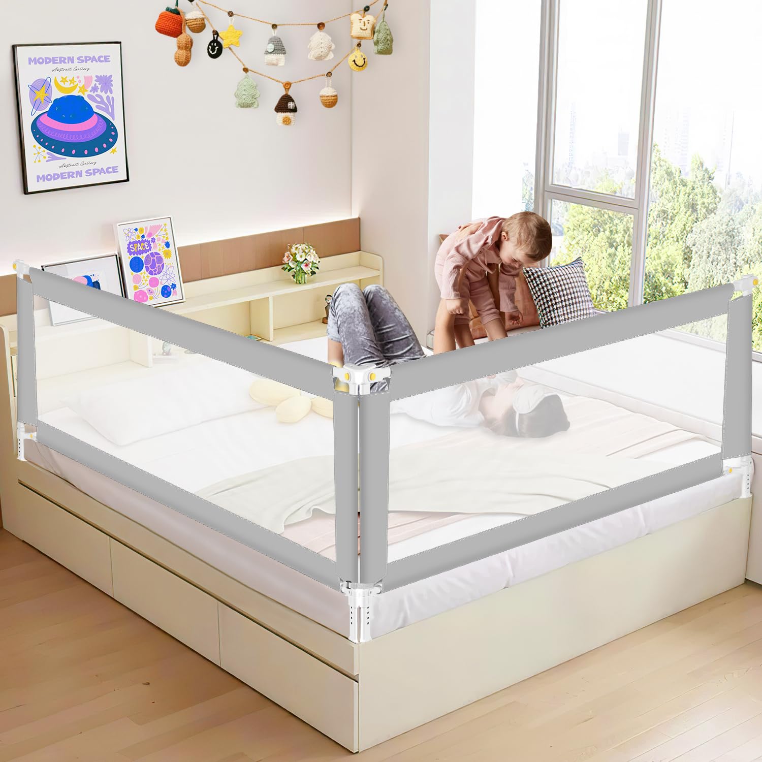 Griglia per letto 200 cm x 2 + 150 cm x 1, pieghevole con base a forma di U, griglia di protezione per lettino, altezza regolabile 68-95 cm, per bambini e letti dei genitori, grigio