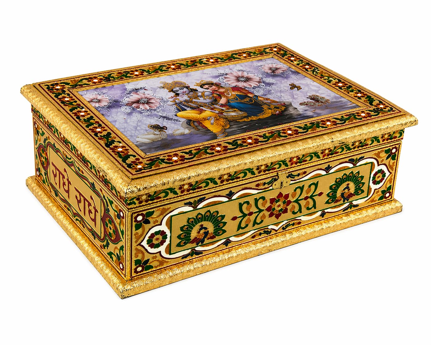 RUDRADHAM Shri madh bhagwat ji box Handcrafted Decorative Storage Box, Meenakari Style, Gold and Green Floral Design, Traditional Indian puran box-image-45