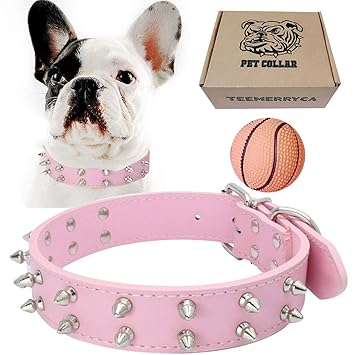 teemerryca Leather Spiked Studded Dog Collars with a Squeak Ball Gift for Medium Large Dogs Like Pit Bull/Bulldog/Husky Labrador/German Shepherd, Pink, Small 14.1-18.1 inches