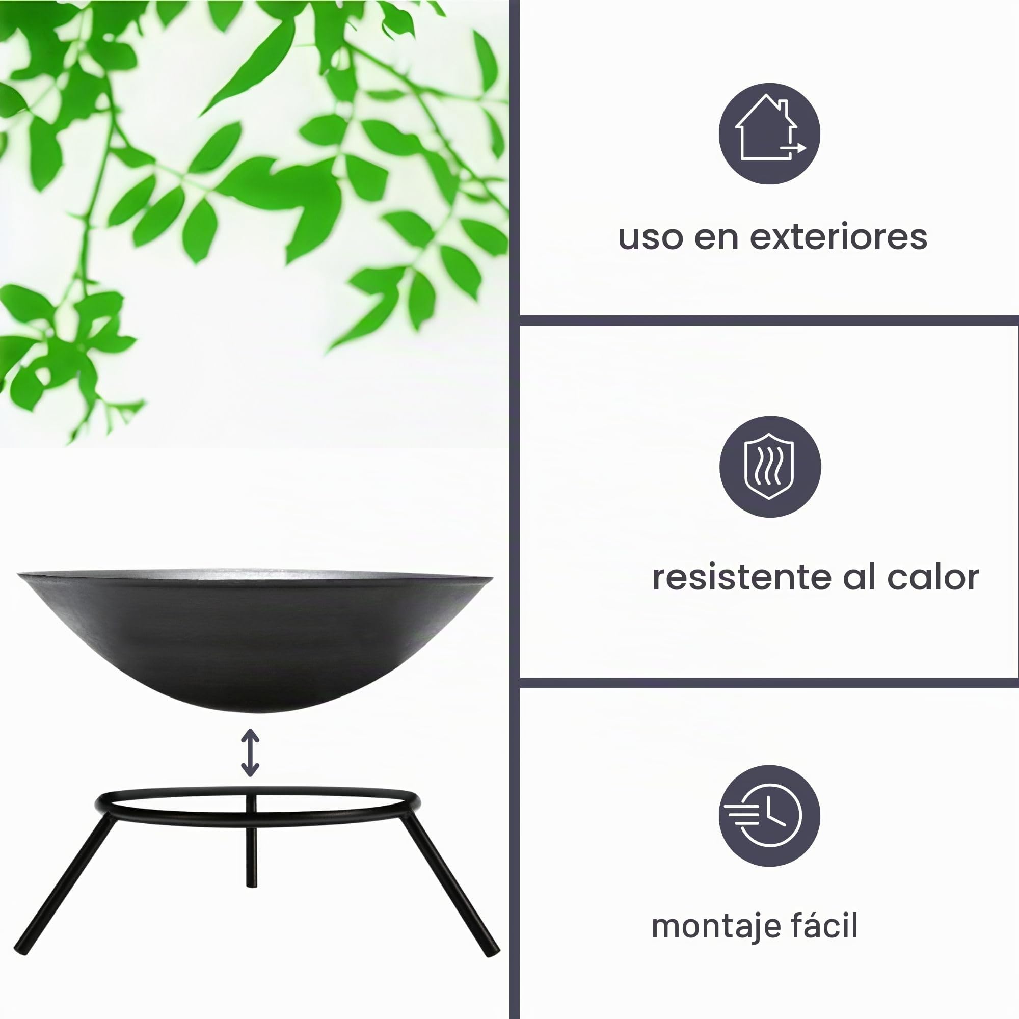 Perel Brasero Redondo con Soporte de 3 Patas, brasero Exterior de Hierro Fundido Ø56 cm, Altura 26 cm, Chimenea de jardín Negra para terraza o balcón, Ideal para leña o carbón