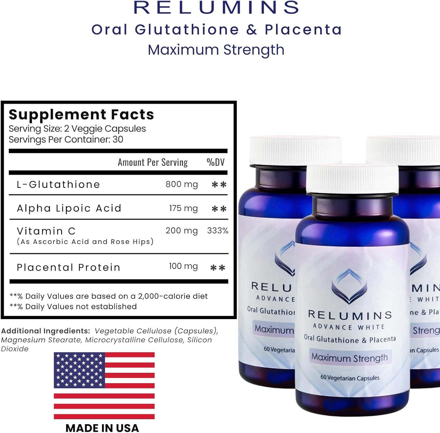 Relumins Advanced White Glutathione Capsules - Max Strength Brightening Supplement with ALA, Placenta, Rose HIPS & Vitamin C - Fights Oxidative Stress, Supports Collagen & Made in USA - 3 Bottles
