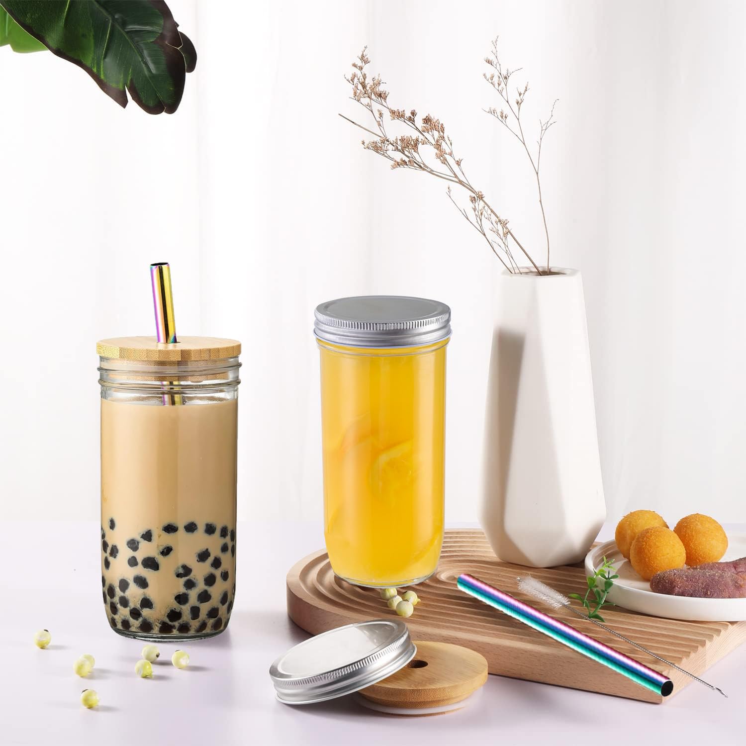 2 vasos de vidrio de 24 onzas con tapas de bambú y popotes y 2 tapas herméticas, vasos reutilizables para batidos, vasos de café helado, vaso de vidrio para té de burbujas, jugo, regalo
