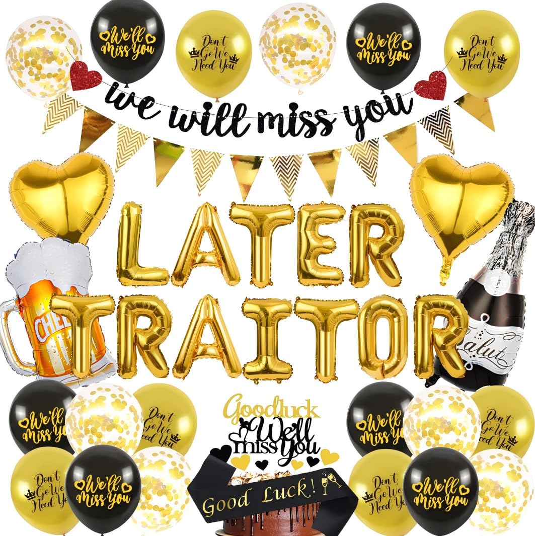 PAUBLLON We Will Miss You Banner Leaving Party Decorations with Later Traitor Balloons Heart shape Balloons Triangle Flag Banner for Retirement Graduation Office Work Going Away Party (Black Gold A)