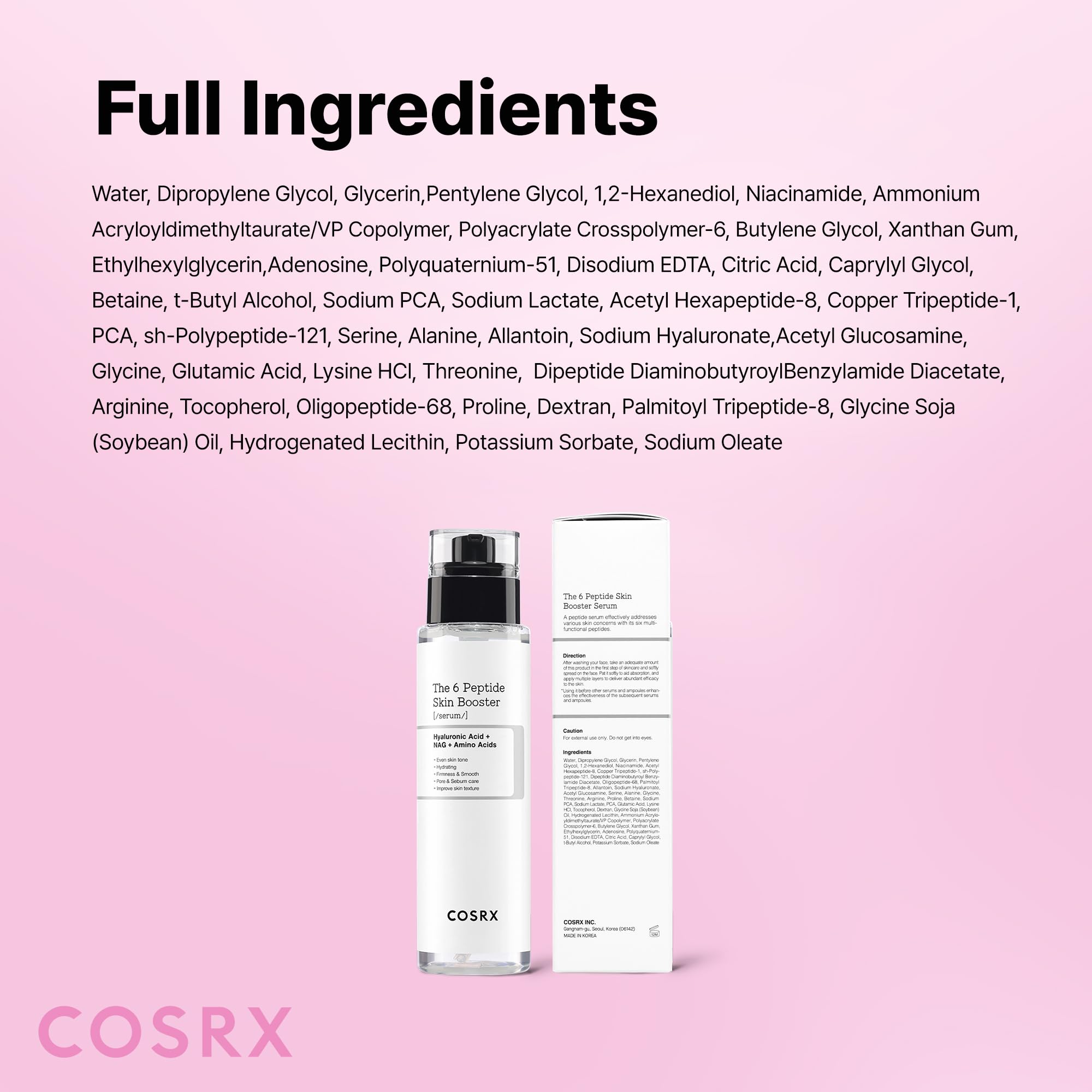 COSRX 6 peptydowych serum kolagenowych do twarzy z niacynamidem i kwasem hialuronowym, nawilżająca i ujędrniająca koreańska esencja, serum przeciwzmarszczkowe i napinające pory, dla pulchnego i