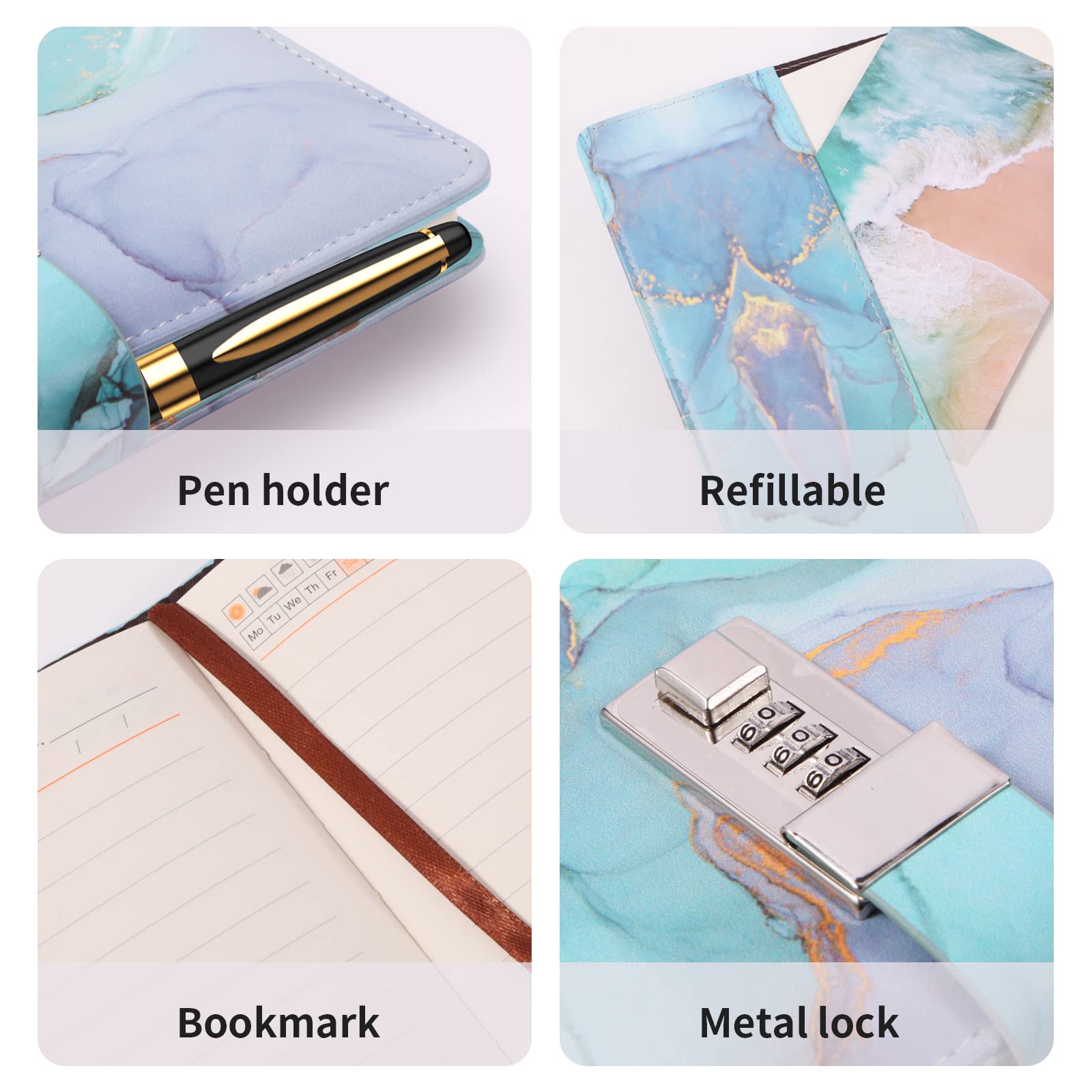 LMTNNB Marble Diary with Lock for Girls and Women A5 Leather Locked Journal for Teen Girls Secret Cute Password Lock Notebooks with Pen Holder for Travel Diary Office Notepad - Image 2