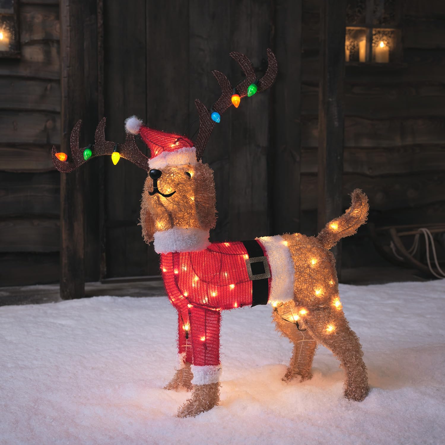 Lights4fun 80cm LED Hund Mit Geweih Figur Innen und Außen - Weihnachtsfigur, Weihnachtsdeko, Weihnachtsbeleuchtung Außen